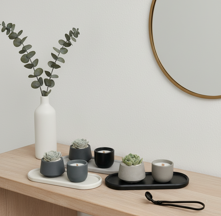 Set de vela arámatica, charola y maceta con planta chico