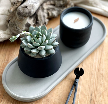 Set de vela arámatica, charola y maceta con planta
