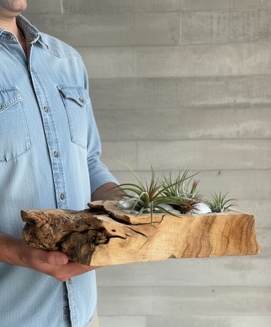 Elegancia Natural para tu Hogar: Arreglo de Tillandsias en Madera Rústica