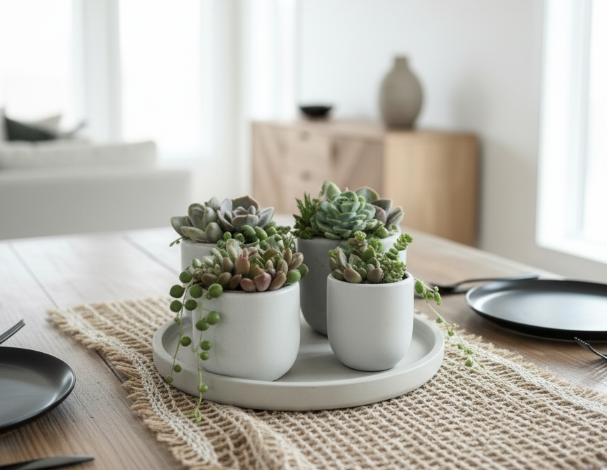 Set de 4 macetas de suculentas en charola