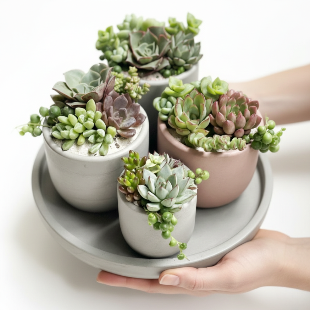 Set de 4 macetas de suculentas en charola