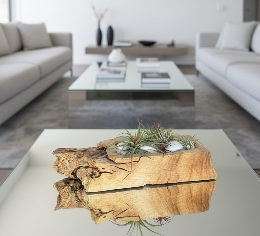 Elegancia Natural para tu Hogar: Arreglo de Tillandsias en Madera Rústica