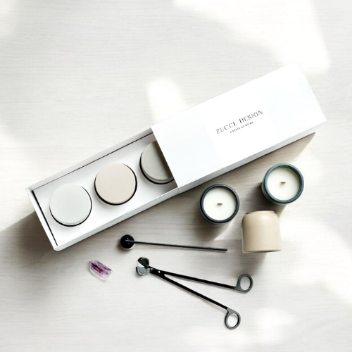 Set Elúz: 3 velas aromáticas con tapa y charola