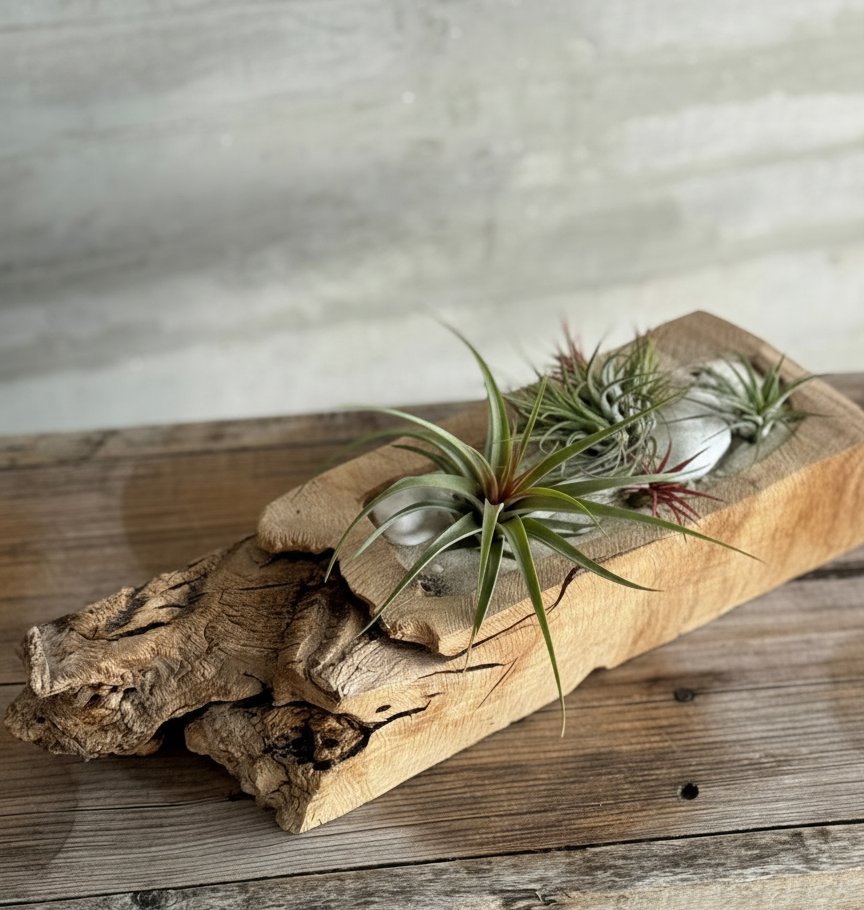 Elegancia Natural para tu Hogar: Arreglo de Tillandsias en Madera Rústica