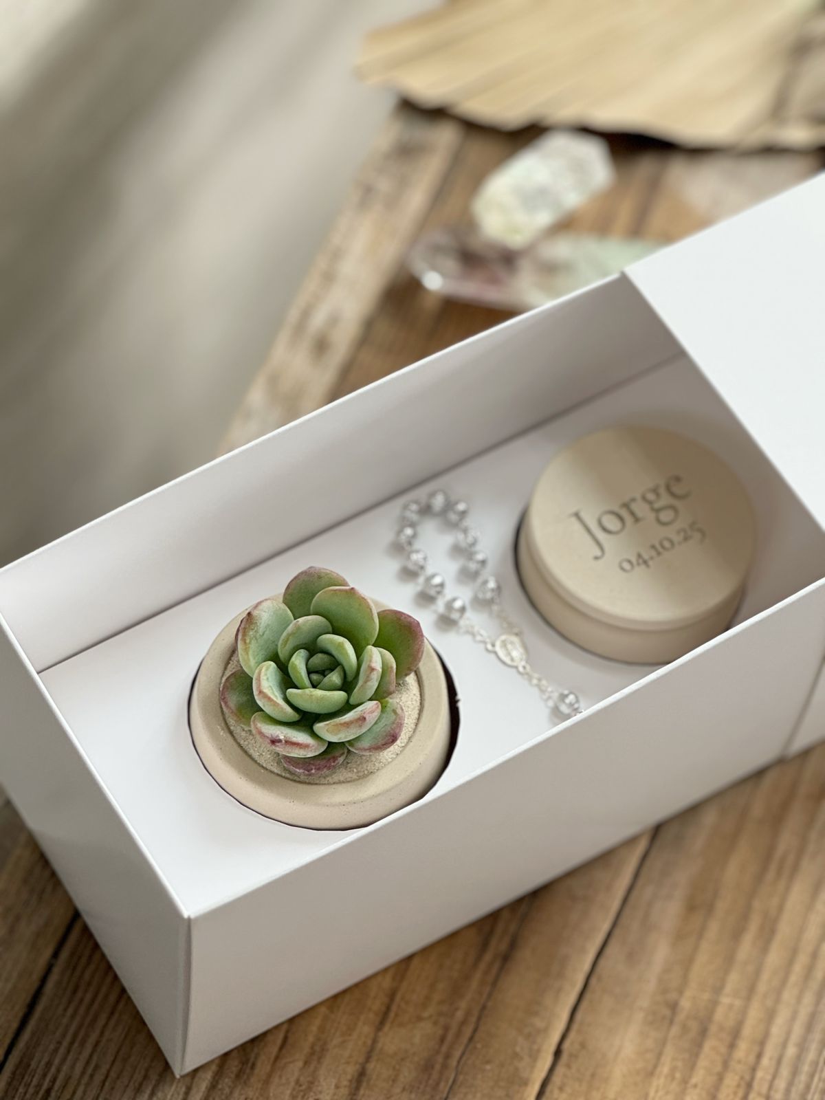 Set de vela arámatica, charola y maceta con planta chico