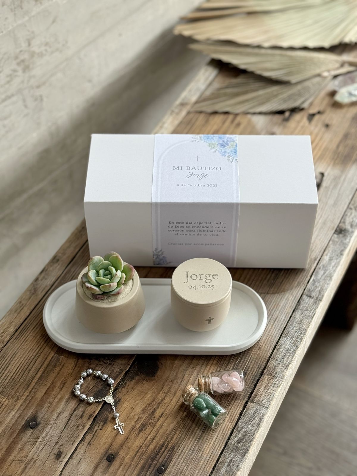 Set de vela arámatica, charola y maceta con planta chico