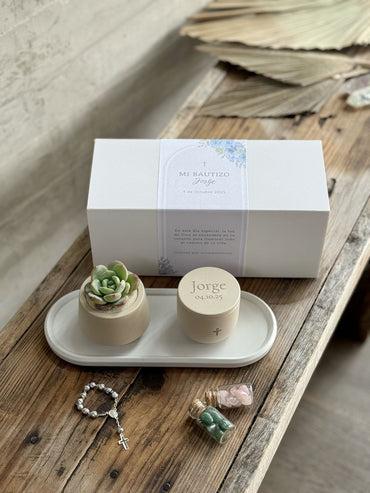 Set de vela arámatica, charola y maceta con planta chico