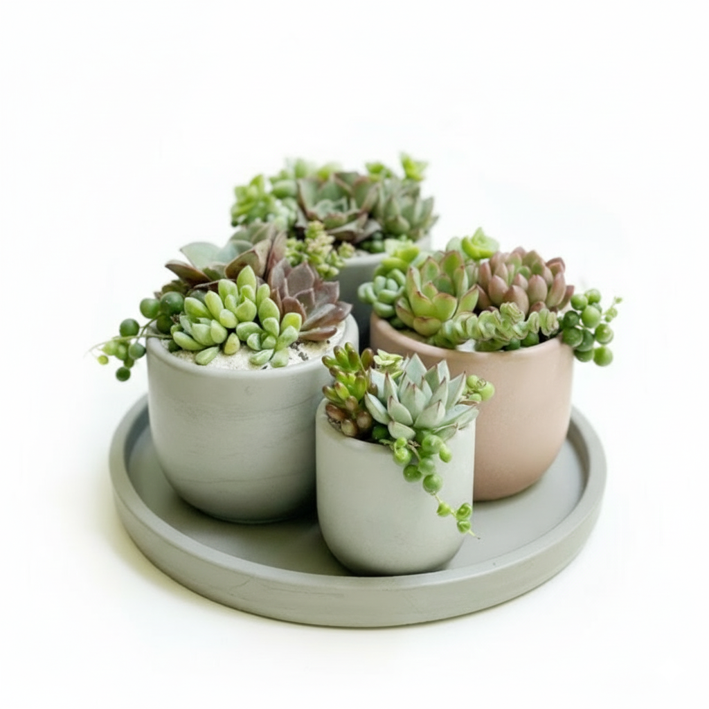 Set de 4 macetas de suculentas en charola